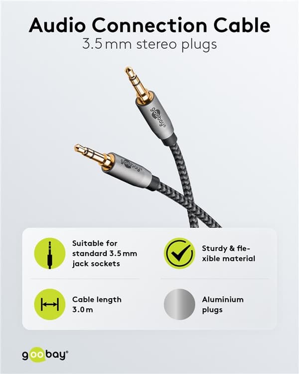 Ljudanslutningskabel AUX, 3,5 mm stereo, 3 m