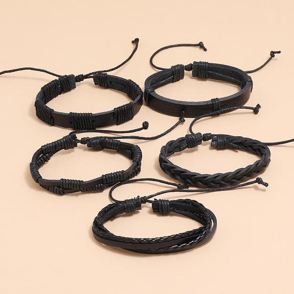 Handgjorda Läderarmband, 5-pack Black