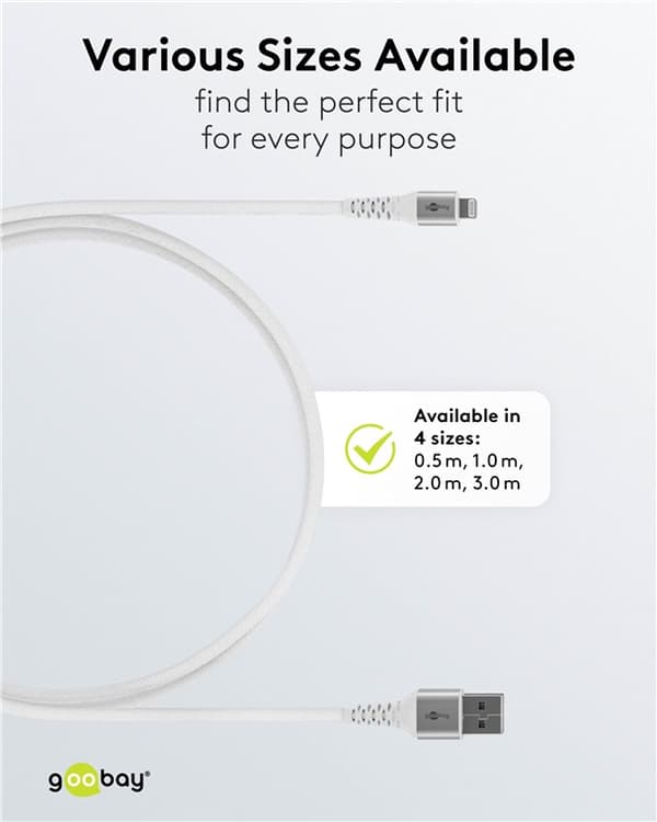 Lightning-USB-A supersoft textilkabel med metallkontakter, 2 m, vit