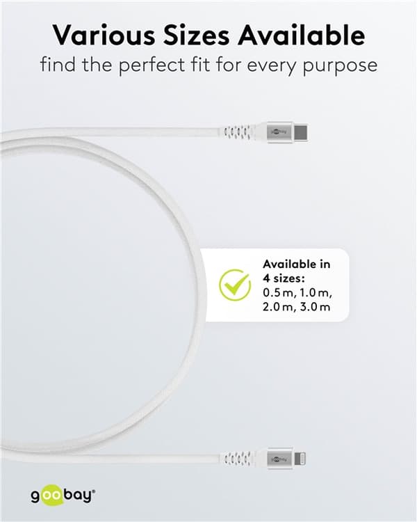 Lightning-USB-C™ supersoft textilkabel med metallkontakter, 1 m, vit