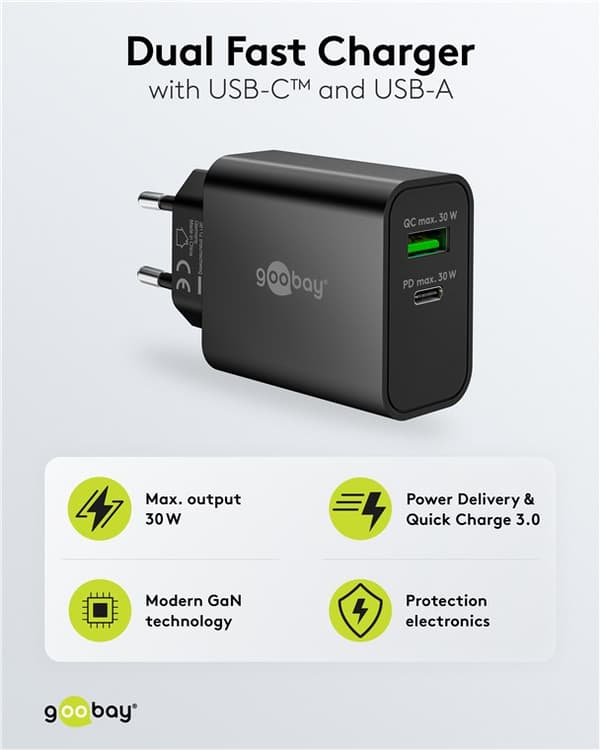USB-C™ PD GaN dobbelt hurtigoplader (30 W) sort