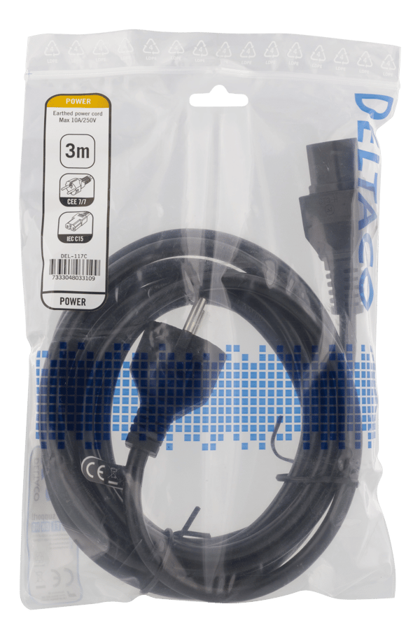 3m earthed device/extension cable, straight IEC 60320 C15