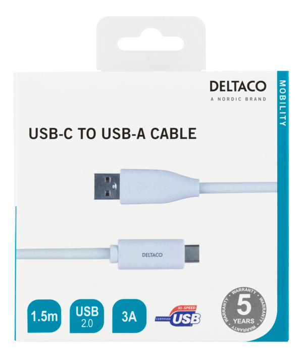 USB-C to USB-A cable, 1.5m, 3A, USB 2.0, white