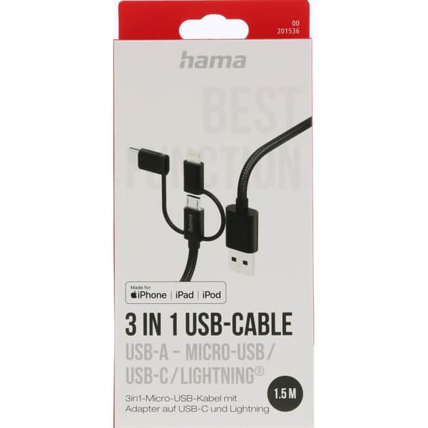 Multi ladekabel 3-i-1 Svart 1.5m