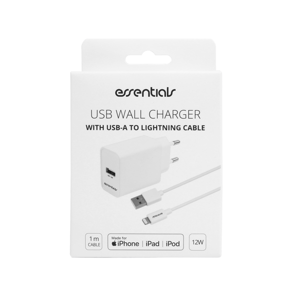 Wall Charger 12W, USB-A Light. MFI, Cable 1m, white