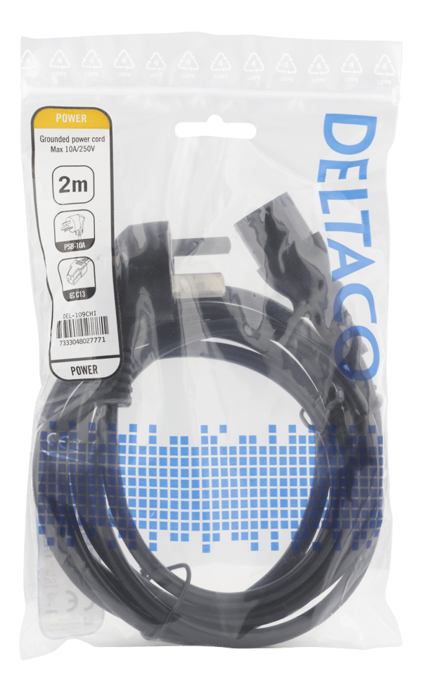 Earthed power cable, PSB-10A - IEC 60320 C13, 2m, black