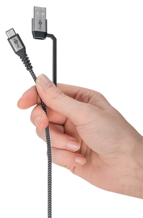 2-i-1 USB tekstilkabel, plassgrå/sølv, m