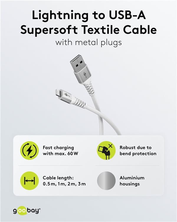 Lightning-USB-A supersoft textilkabel med metallkontakter, 2 m, vit