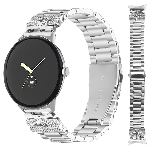 Kimalteleva perhonen Google Pixel Watch -ranneke kolmella strassilla Silver