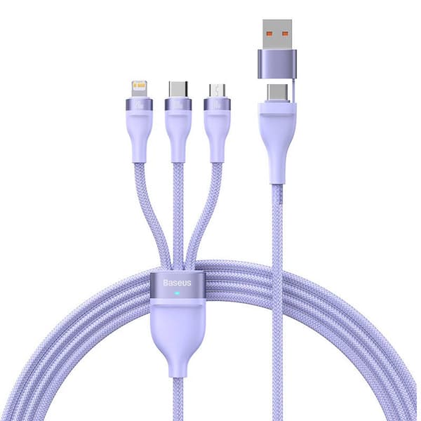 3-i-1 USB-kabel Baseus Flash Series 2, USB-C + micro USB + Lightning, 100W, 1,5 m (lilla)
