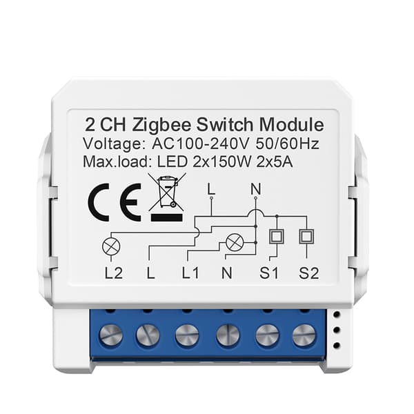 ZigBee Smart Switch Module - 2 Gang, Hvid, Mini Størrelse