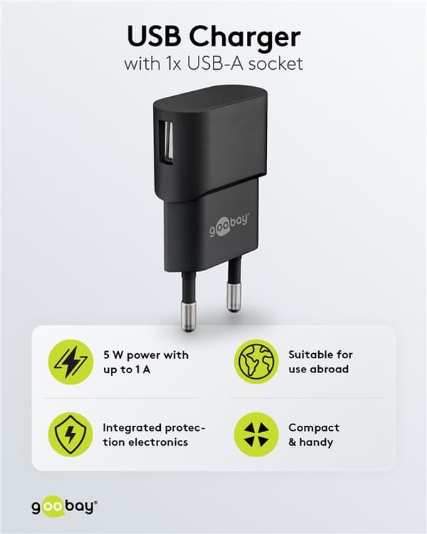 USB-A oplader (5 W) sort