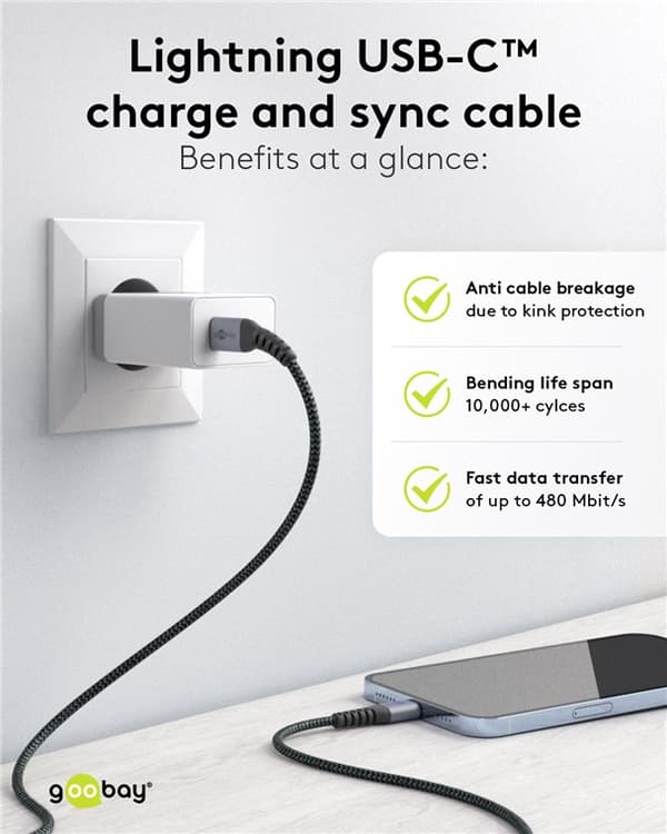 Lightning USB-C™ tekstilkabel med metalstik, 1 m
