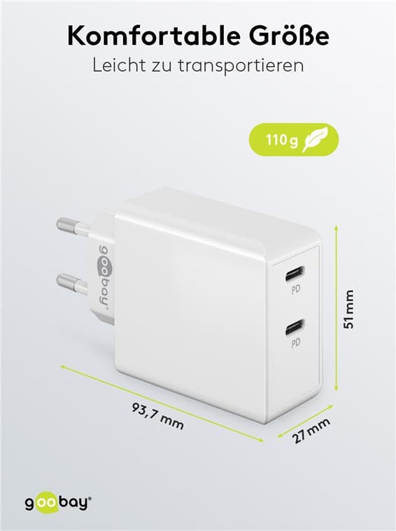 Dobbel USB-C™ PD hurtiglader (36 W) hvit