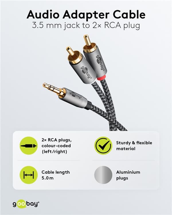Lydadapterkabel AUX, 3,5 mm jack til stereo RCA-plugg, 5 m