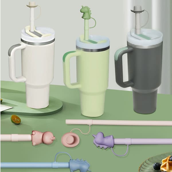Silikonsugrör med Lock & 1 Rengöringsborste, 6-pack