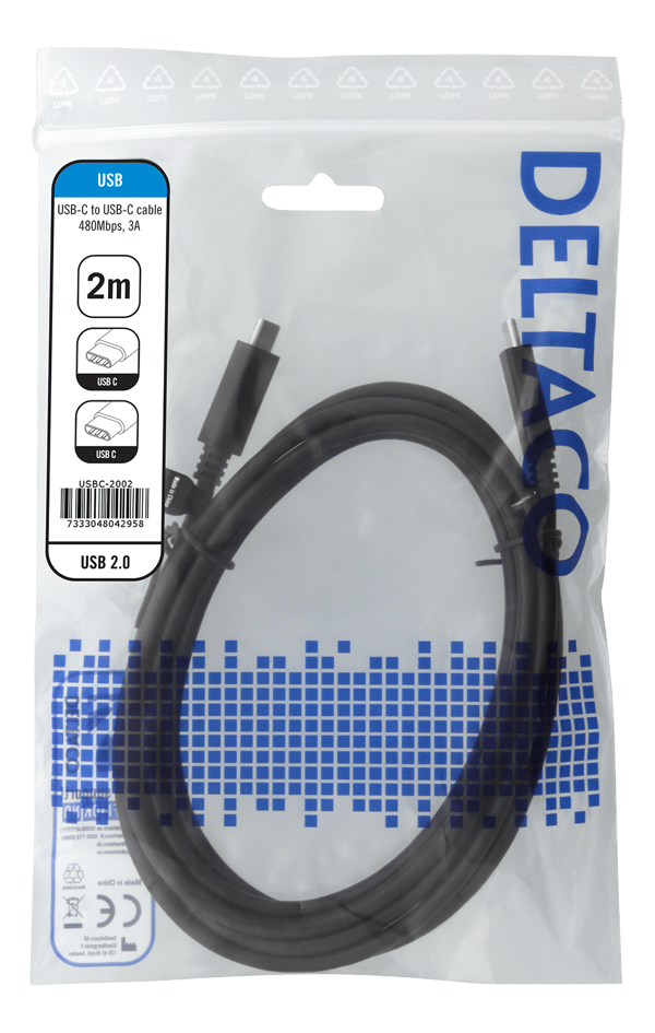 USB 2.0 USB-C, USB-C charging cable, 3A, 2m, black