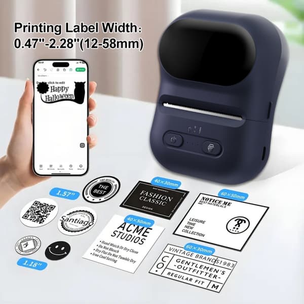 Termisk labelprinter med Bluetooth, Type-C USB og Toprint-app til Android og Apple, 203dpi og justerbar papirbredde Blue