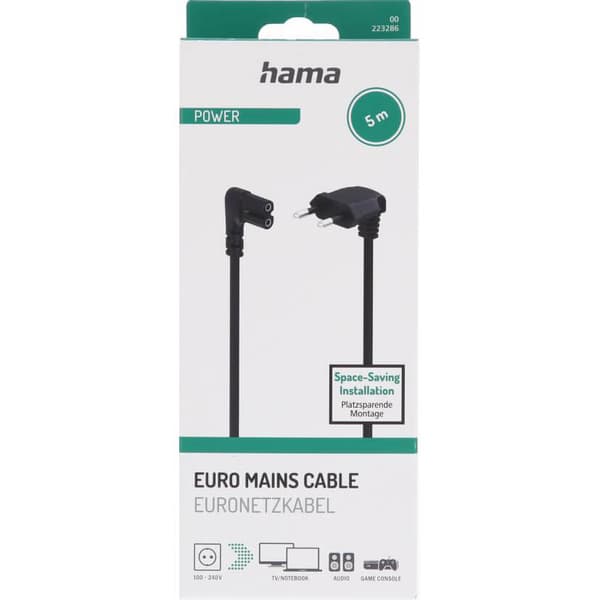 Power Cable Angled Euro Plug Black 5.0m