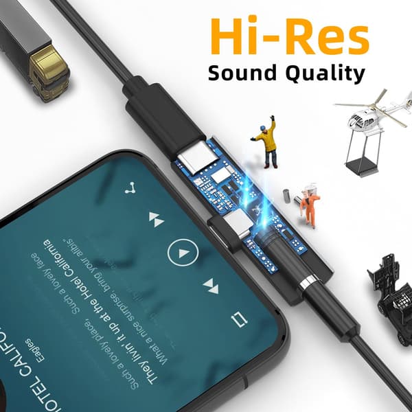 USB-C til 3,5 mm adapter til hovedtelefoner og oplader Black