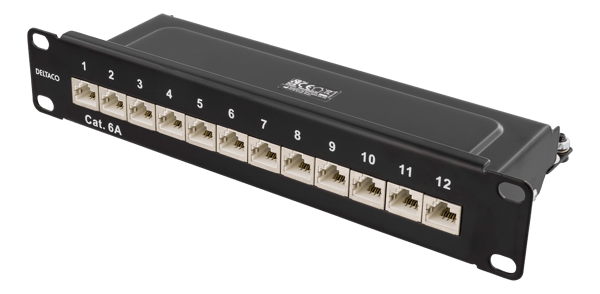 10" patch panel, 12xRJ45, Cat6a, STP, 10Gbps, metal, black