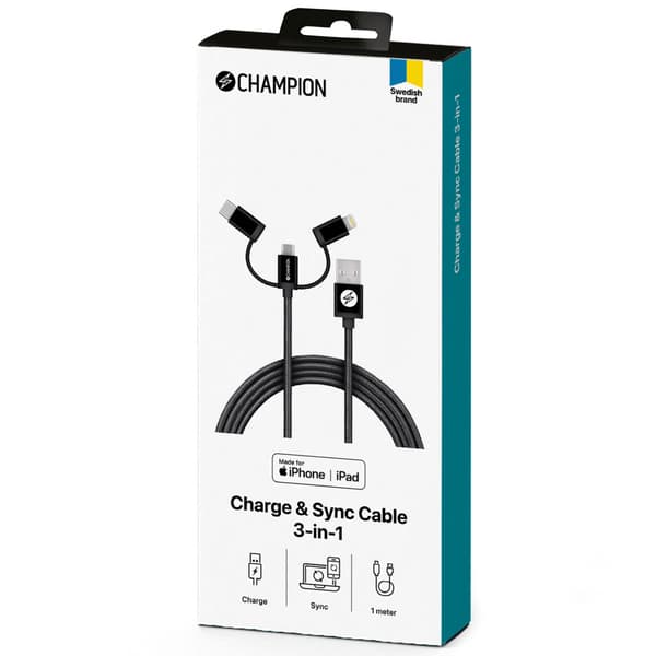 USB-A til Lightning, USB-C og Micro-USB 1,5 m svart