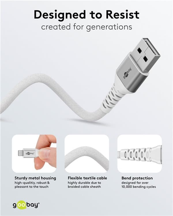 Lightning-USB-A supersoft textilkabel med metallkontakter, 2 m, vit