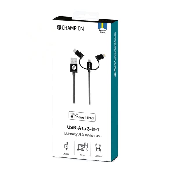 USB-A til Lightning, USB-C og Micro-USB 1,5 m svart