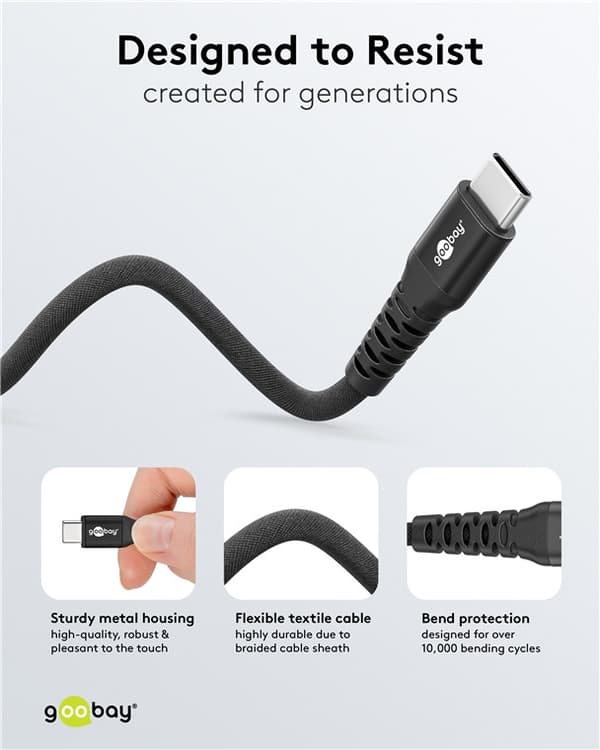 USB-C™ superblødt tekstilkabel med metalstik, 0,5 m, sort
