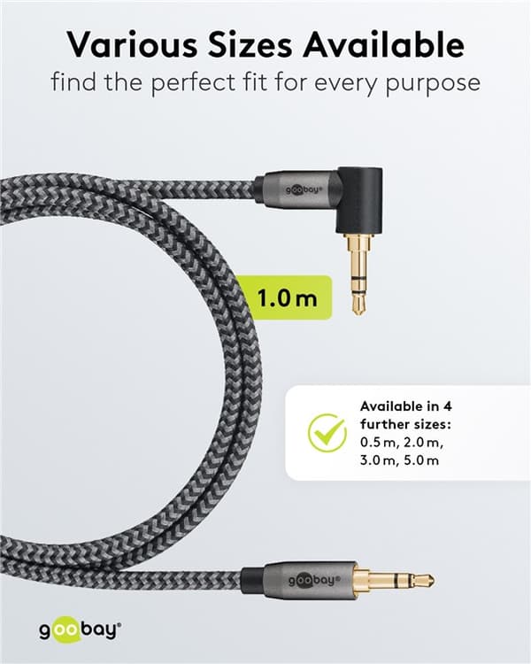 Audioliitäntäkaapeli AUX, 3,5 mm stereo, 90°, 1 m