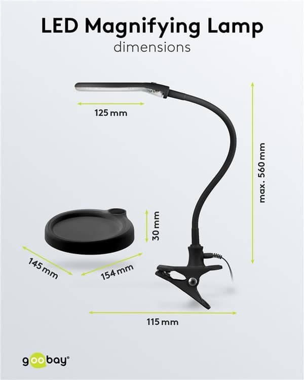 LED forstørrelseslampe med stativ/klemme, 6 W, sort