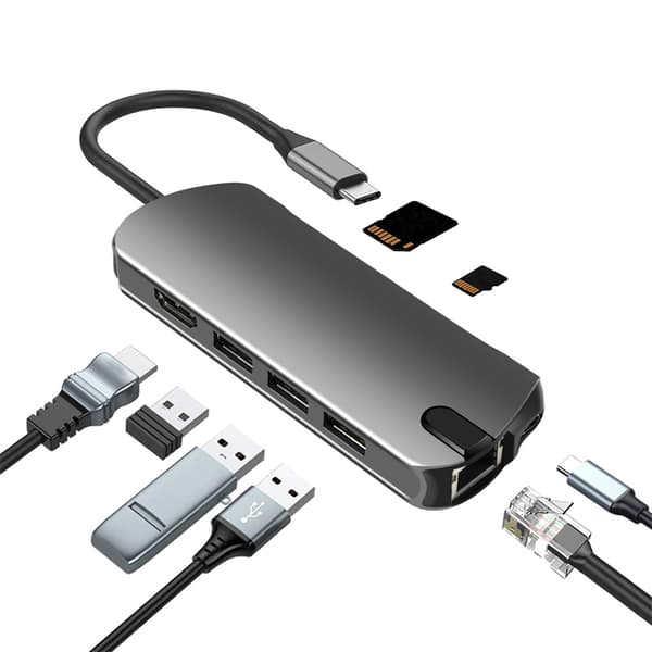USB C-hub med åtte ulike uttak