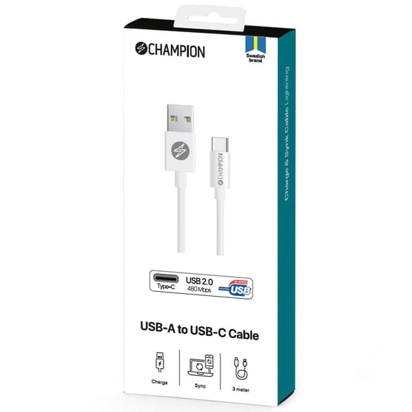 USB-A–USB-C-kaapeli 3 m valkoinen