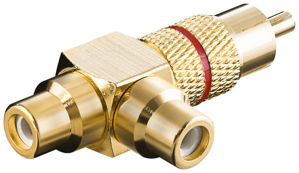 RCA-Y-adapter, plugg til 2x kontakt, gullfinish, rød