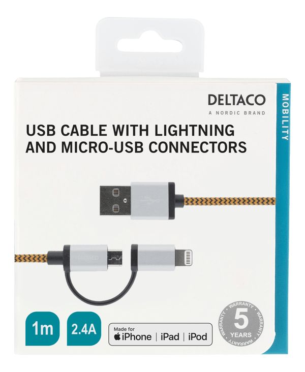 USB cable, USB Micro B ma and lightning ma, MFi, 1m, orange
