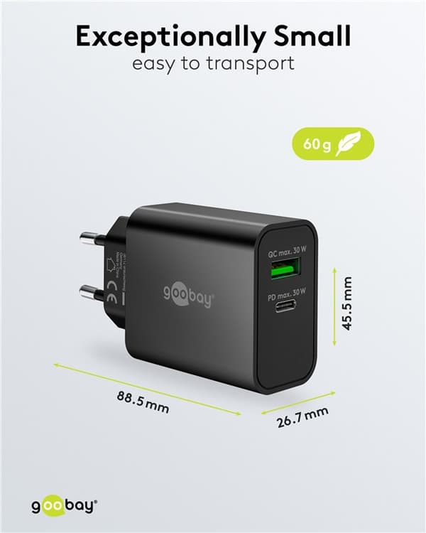 USB-C™ PD GaN dobbelt hurtigoplader (30 W) sort