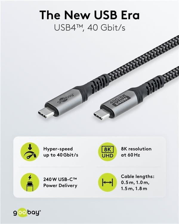 USB-C™-kaapeli, USB4™, 1 m, musta;hopea
