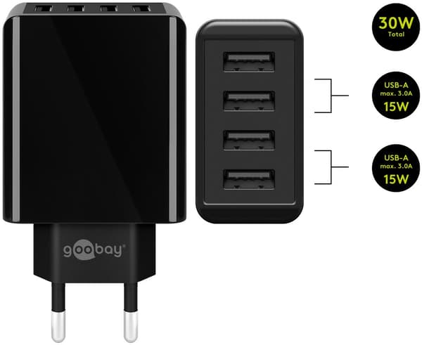 4-tie USB-laturi (30W) musta