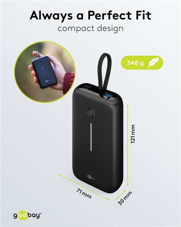 Powerbank 20.000 mAh med integreret USB-C™-kabel