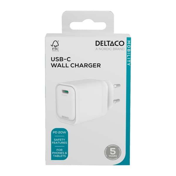 USB-C wall charger, 1x USB-C PD, 20 W, white