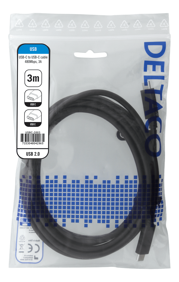 USB 2.0 USB-C, USB-C charging cable, 3A, 3m, black