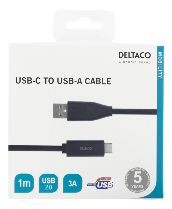 USB-C to USB-A cable, 1m, 3A, USB 2.0, black