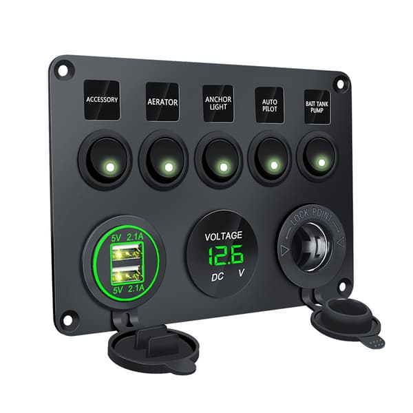 Strømbryterpanel - 5 brytere, voltmeter, 2 USB-strømuttak Black+Green