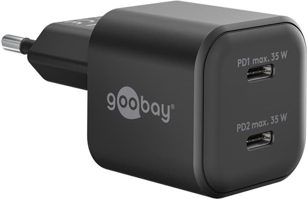USB-C™ PD GaN dobbelt hurtigoplader Nano (35 W) sort