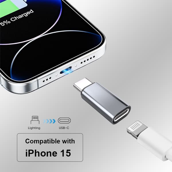 Lightning (hun) til USB-C (han) adapter, kompatibel med iPhone 15 Grey