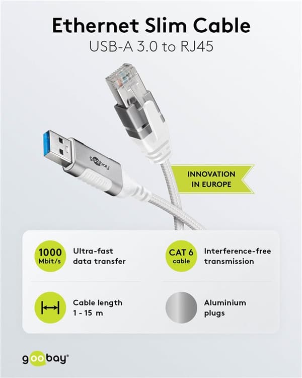 Ethernet-kaapeli USB-A 3.0 - RJ45, Slim, 3 m