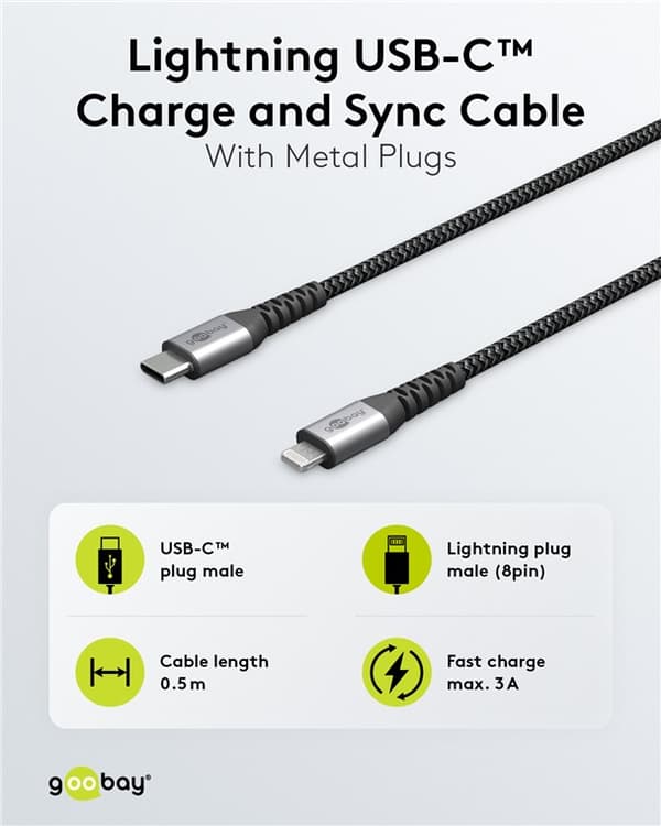 Lightning-USB-C™ textilkabel med metallkontakter, 1 m