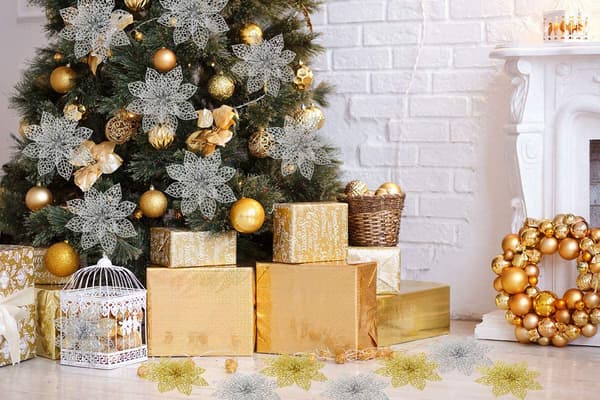 Glitter juleblomster plast sølv 10 dele