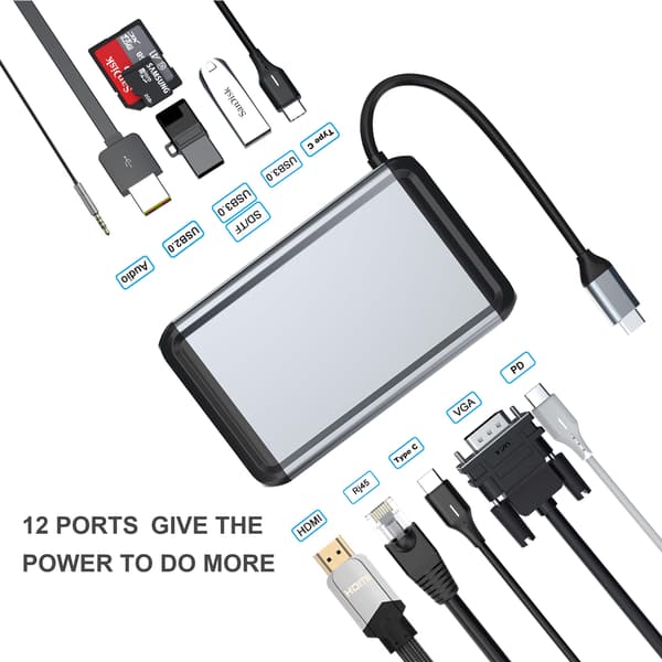 12-i-1 USB-C Hub Adapter med HDMI, VGA, Ethernet og mere