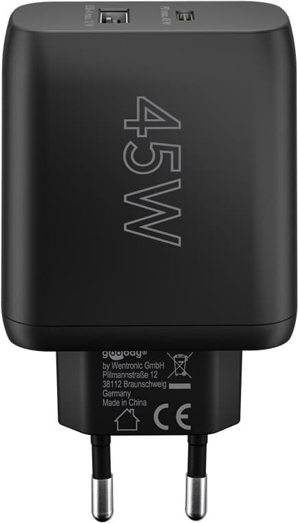 USB-C™ PD GaN dobbel hurtiglader (45W) svart